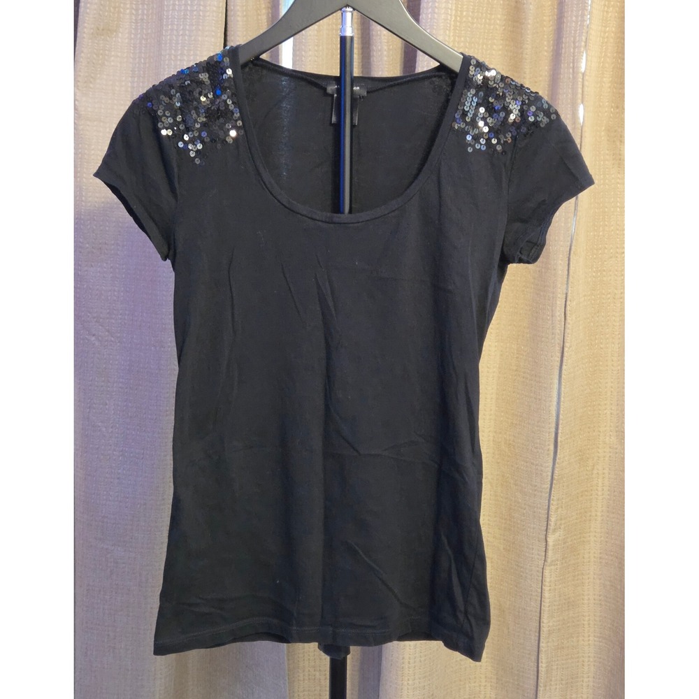 Ann Taylor Sequin Shoulder Shirt Womens Size XS Black